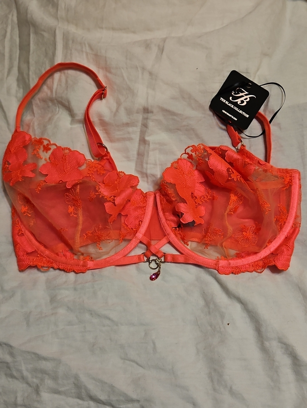 Honey Birdette Rue Sheer Floral Embroidered Balconette Bra Sz 40G - Neon Coral